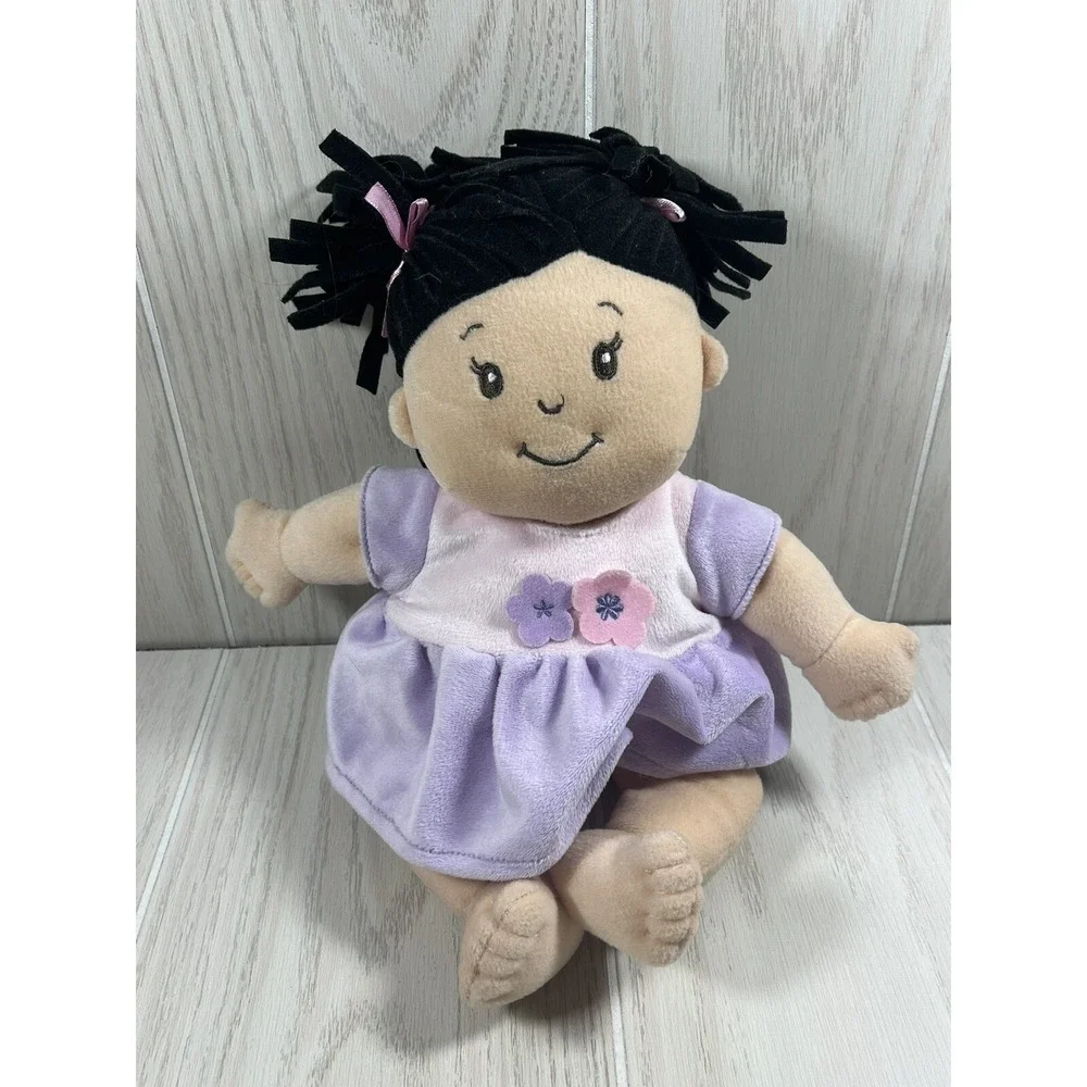 Manhattan Toys Baby Stella‎ plush soft doll black hair purple pink flower dress